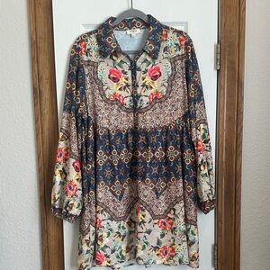 Umgee Floral Patchwork Long Sleeve Dress - Multicolor